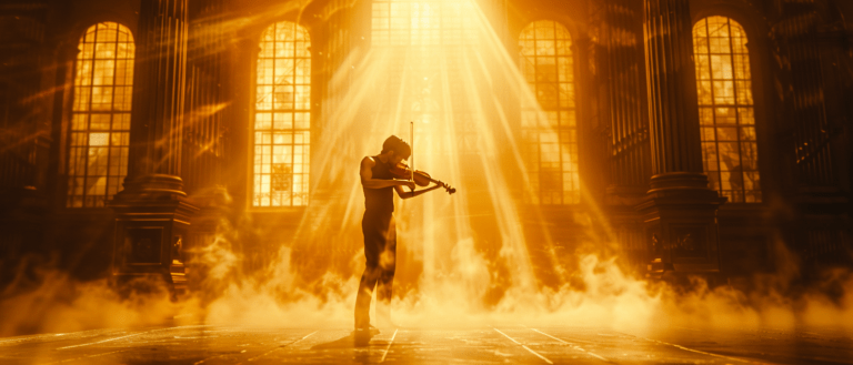 Silhouette of a violinist playing in mist with dramatic golden backlight, representing original film score composition.